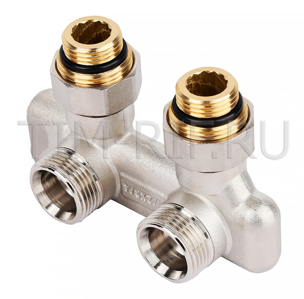 Узел угловой перекрёстный НВ 1/2*3/4Е радиаторный со встроенными запорными вентилями с ниппелями RBX601.03